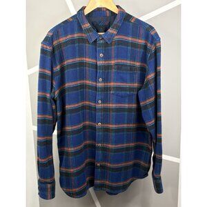 Prana Channing Plaid Flannel Shirt Men XL Blue Orange Heavyweight Organic Cotton